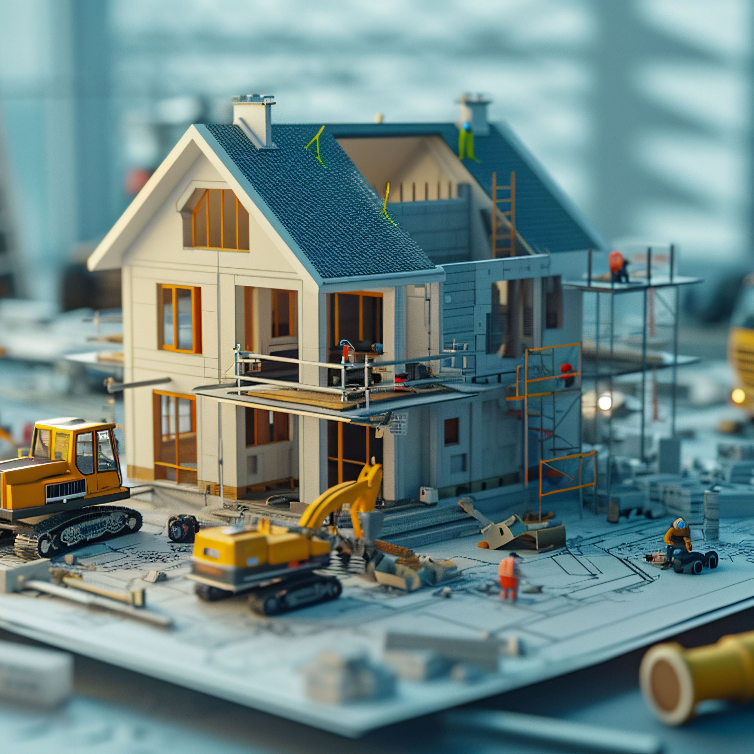 Model home being constructed with equipment around the home.