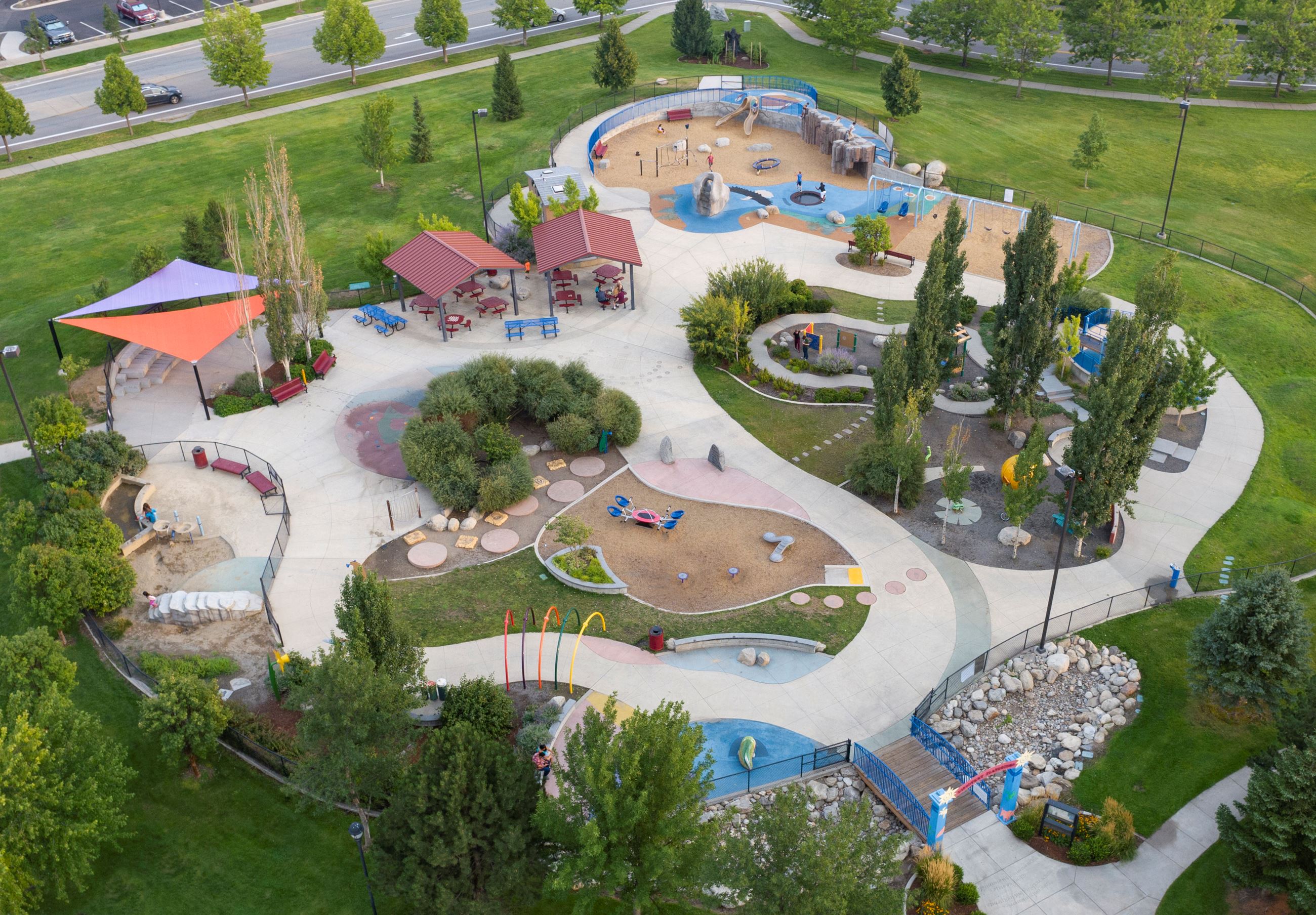 A drone image of the Discovery Park playground and splashpad area near CenterPlace.